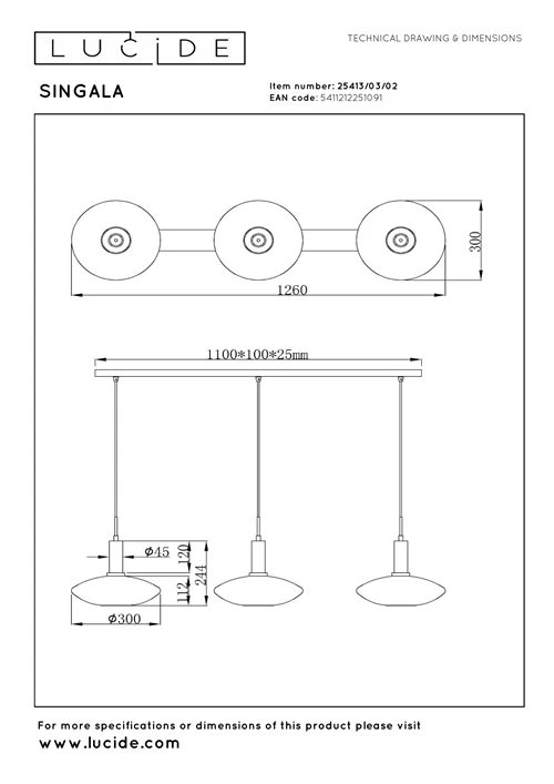 Lucide SINGALA - Suspension - 3xE27 - Or Mat / Laiton - technique